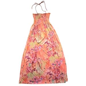 Jordan Taylor Beachwear Halter Maxi Dress Smocked Bodice Pink Orange Abstract